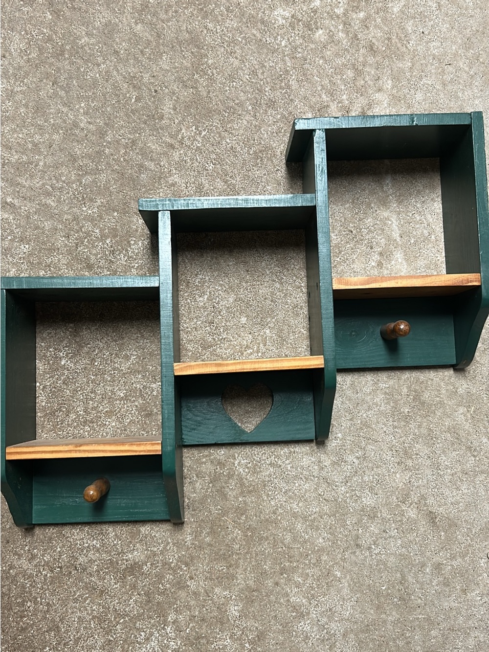 Rustic Green Wooden Wall Shelf with Heart Accent